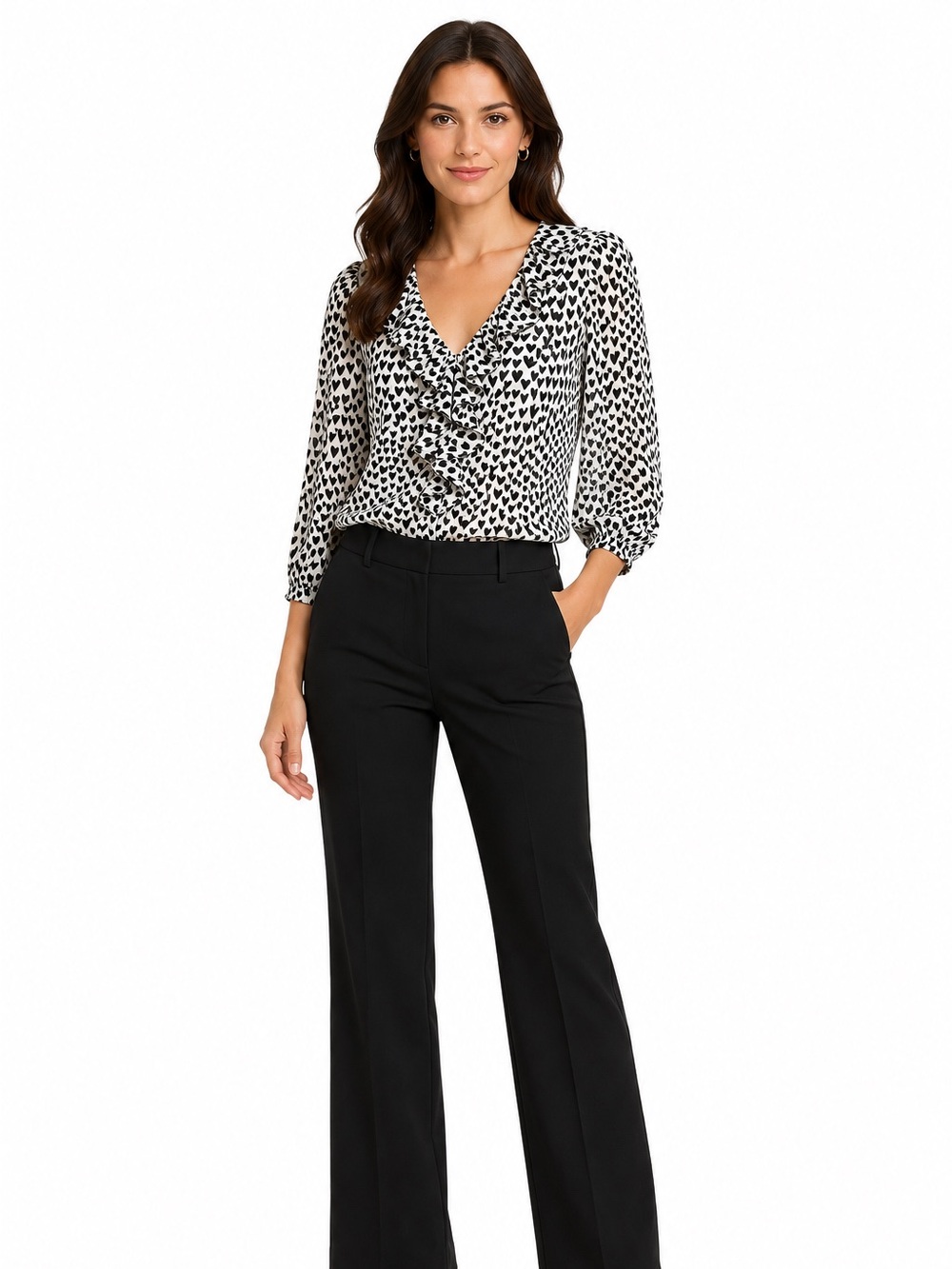 J.Crew black white ruffle trim V neck allover hearts print sheer lined blouse S